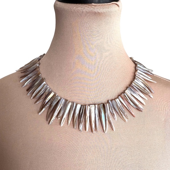 None Jewelry - Mother of Pearl Spike Fringe Statement Necklace Iridescent Adjustable